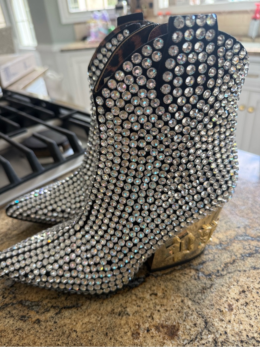 Philipp Plein Black Crystal-Embellished Ankle Booties with Gold Heel